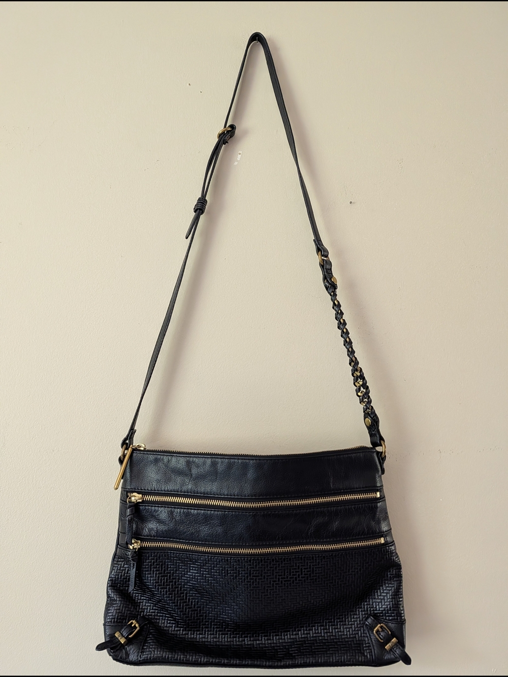 Elliott Lucca Black Leather Crossbody Bag with Gold Hardware